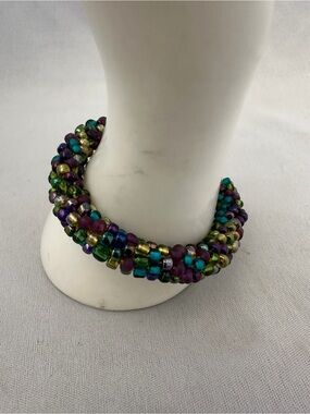 Handmade Multicolor Seed Bead Bracelet - Purple, Green, Teal, Gold